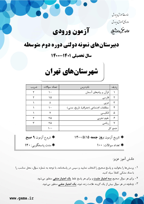 آزمون ورودی پایه دهم مدارس نمونه دولتی دوره دوم متوسطه سال تحصیلی 1401-1400 | شهرستان‌های تهران
