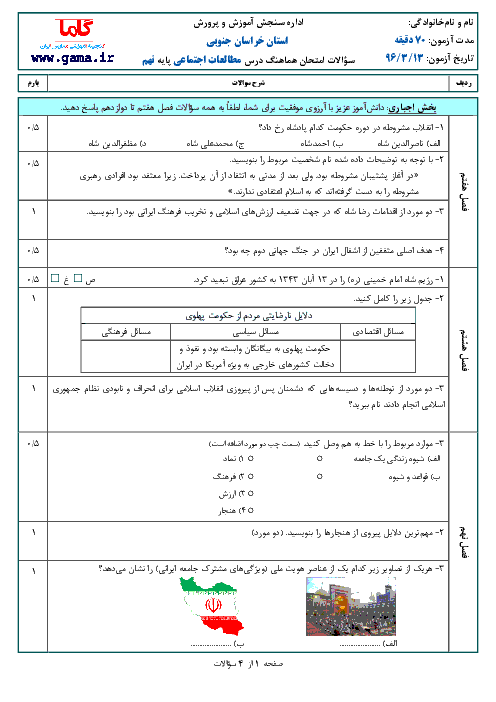 سوالات و پاسخنامه امتحان هماهنگ استانی نوبت دوم خرداد ماه 96 درس مطالعات اجتماعی پایه نهم | استان خراسان جنوبی