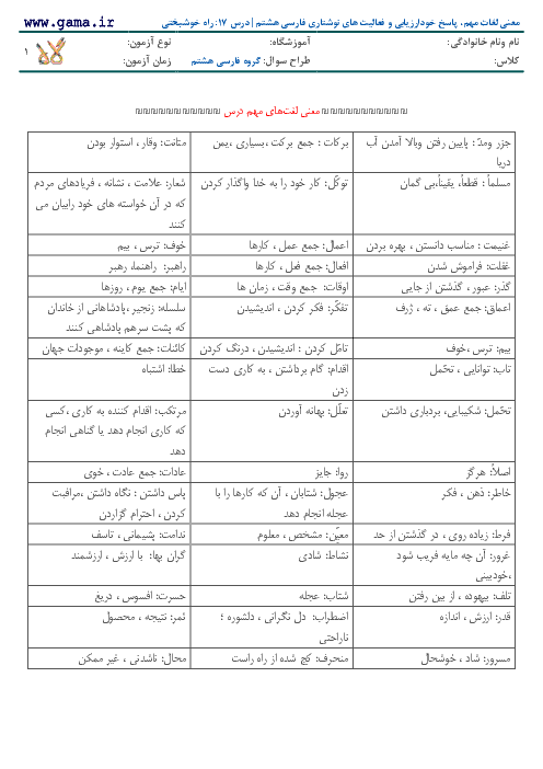 معنی لغات مهم، پاسخ خودارزیابی و فعالیت های نوشتاری فارسی هشتم | درس 17: راه خوشبختی
