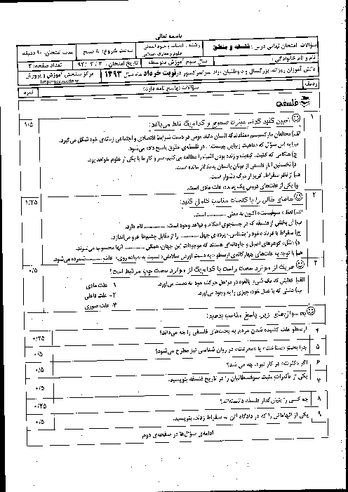 سوالات و پاسخنامه تشریحی امتحان نهایی فلسفه و منطق- خرداد 1393
