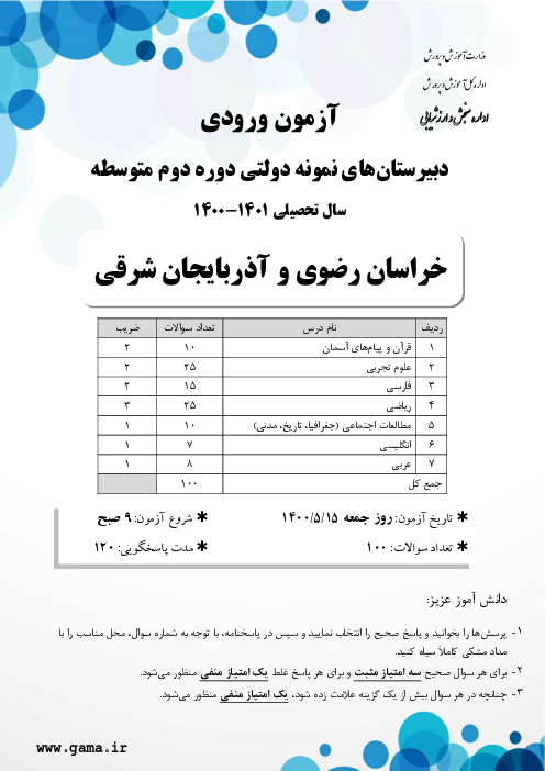 آزمون ورودی پایه دهم مدارس نمونه دولتی دوره دوم متوسطه سال تحصیلی 1401-1400 | استان‌های خراسان رضوی و آذربایجان شرقی