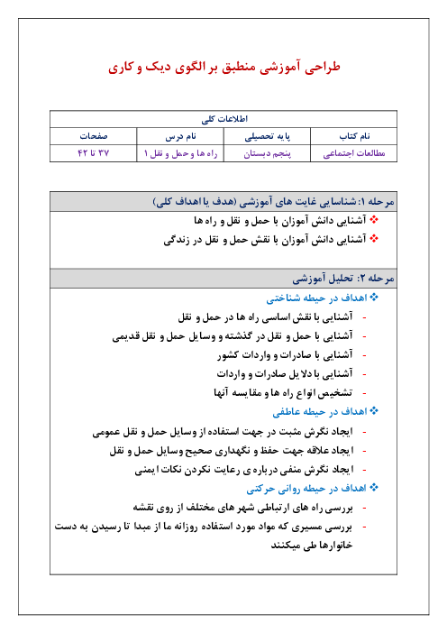 طرح درس روزانه مطالعات اجتماعی پنجم دبستان منطبق بر الگوی دیک و کاری | راه‌ها و حمل و نقل (1)