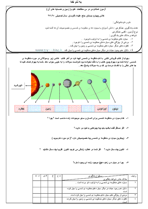 َآزمون عملکردی علوم چهارم دبستان | زمین و همسایه های آن 