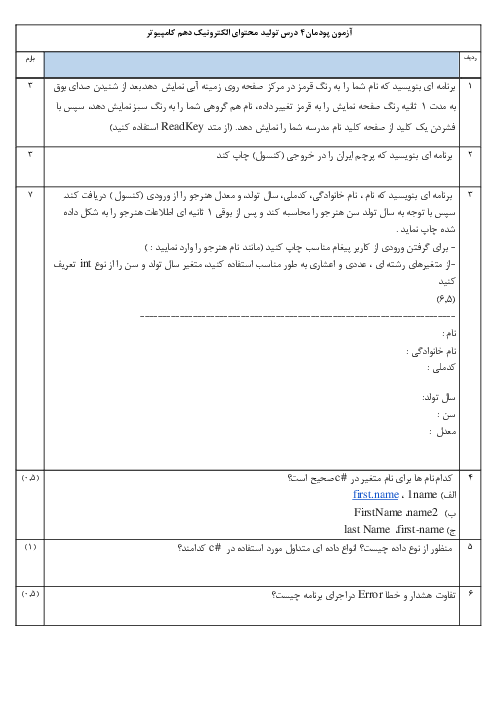 آزمون پودمان 4 درس تولید محتوای الکترونیک دهم کامپیوتر