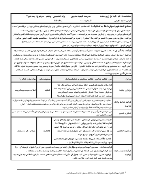 طرح درس پنج گام علوم پنجم | درس 7: چشایی بویایی لامسه