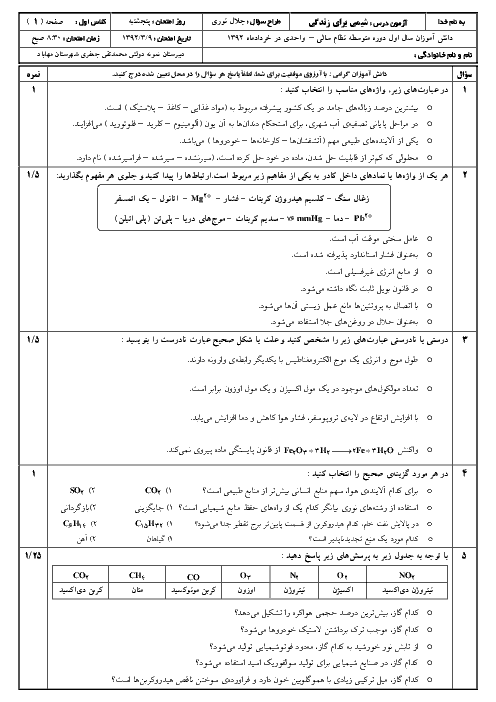 امتحان خرداد 92 درس شیمی برای زندگی با پاسخنامه | دبیرستان نمونه دولتی محمدتقی جعفری