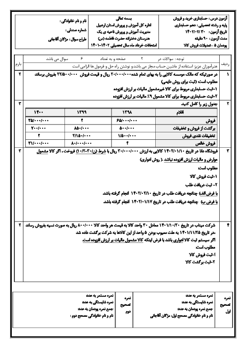 آزمون پودمانی حسابداری خرید و فروش دهم هنرستان فاطمه (س) | پودمان 5: حسابداری تعدیلات فروش کالا