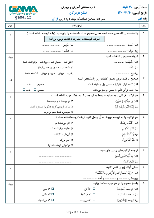 سؤالات امتحان هماهنگ قرآن پایه نهم استان هرمزگان | خرداد 1400