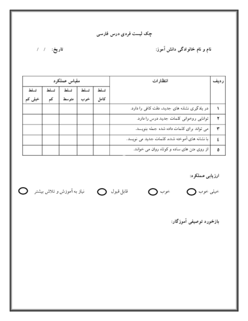 چک لیست فردی فارسی اول دبستان (برای نشانه های 1 و 2)