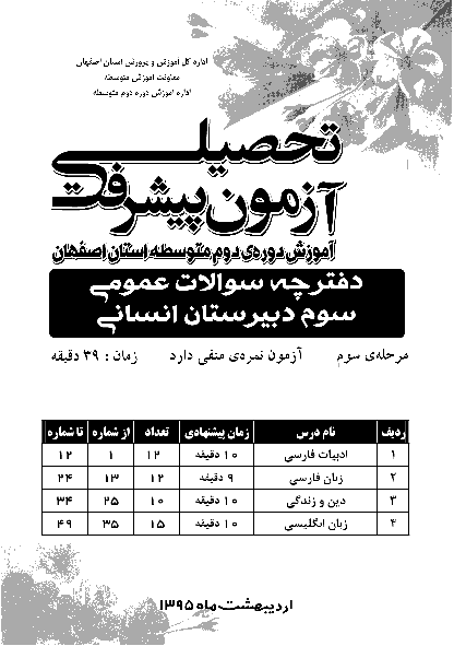 آزمون پیشرفت تحصیلی مرحله سوم استان اصفهان|سوم دبیرستان رشته انسانی - اردیبهشت 95