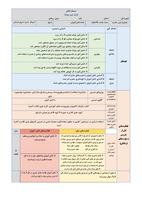 طرح درس روزانه ریاضی ششم | فصل 1 |درس 1: الگوهای عددی، مبحث مضرب