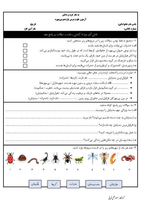 ارزشیابی علوم تجربی چهارم دبستان شهید صدوقی | درس 11: بی‌مهره‌ها
