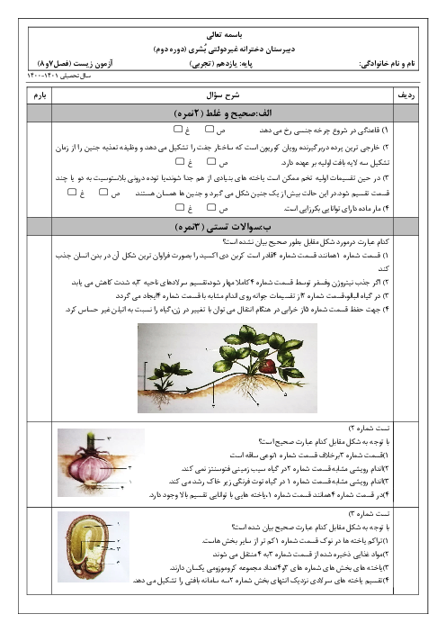 ارزشیابی زیست شناسی (2) یازدهم دبیرستان بشری | فصل 7 و 8