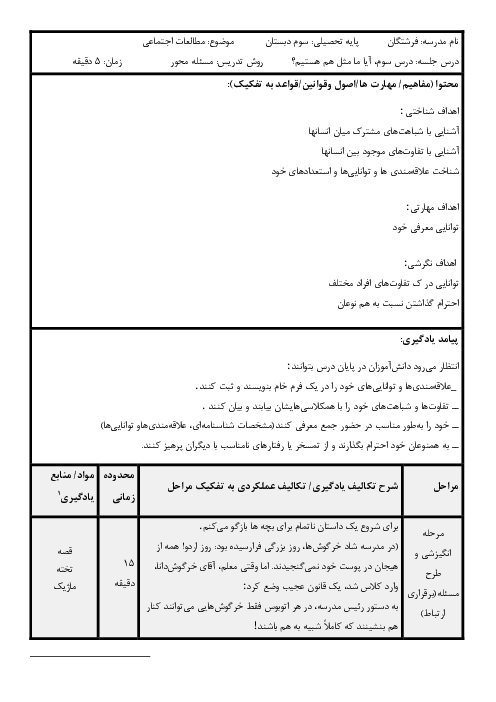 طرح درس روزانه مطالعات اجتماعی | درس 3: آیا ما مثل هم هستیم؟
