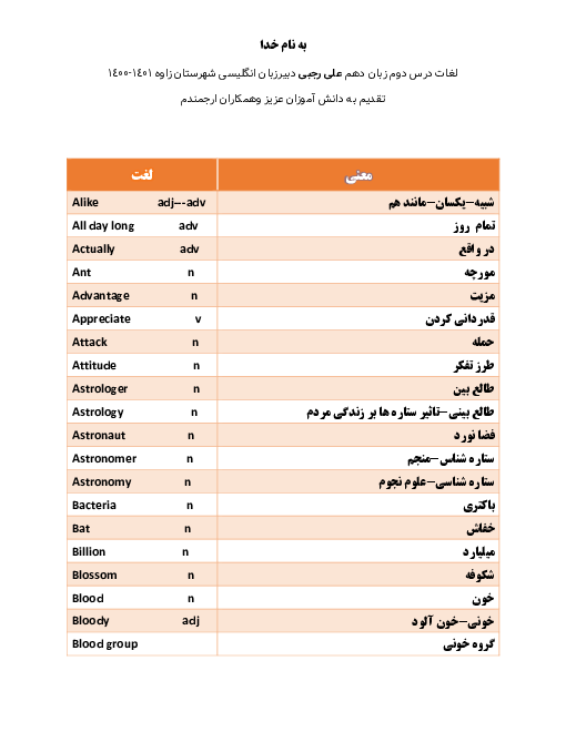 لغات درس دوم زبان انگلیسی پایه دهم کتاب کار و کتاب دانش آموز