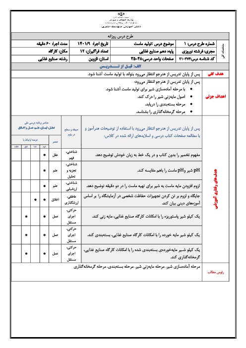 طرح درس روزانه فصل 2: تولید ماست | درس تولید فراورده های لبنی پایه دهم صنایع غذایی