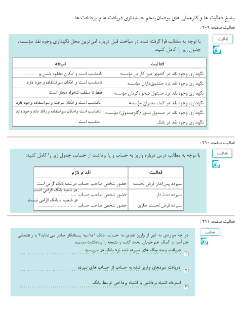 حل گام به گام فعالیت ها و کارعملی های پودمان پنجم درس حسابداری دریافت ها و پرداخت ها