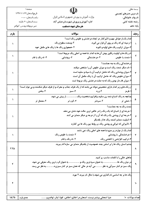 ارزشیابی مستمر مبانی هنرهای تجسمی دهم هنرستان حرفه ای شهید دستغیب | فصل 8: شاخصه‌های اصلی رنگ