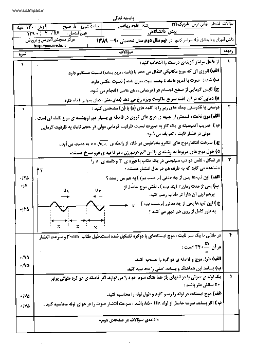 سوالات و پاسخ تشریحی امتحان هماهنگ سراسر کشور فیزیک (4) رشته ریاضی خرداد 1390