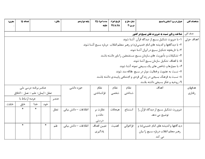  طرح درس آمادگی دفاعی دهم | درس 4: آشنایی با بسیج
