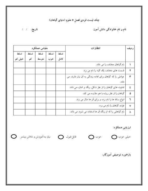چک لیست فردی فصل 5 علوم اول | دنیای گیاهان