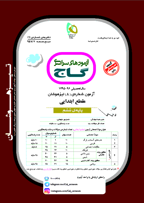 مجموعه آزمون‌های پیشرفت تحصیلی تیزهوشان گاج پایۀ ششم ابتدائی با پاسخ تشریحی - سال تحصیلی 96-95