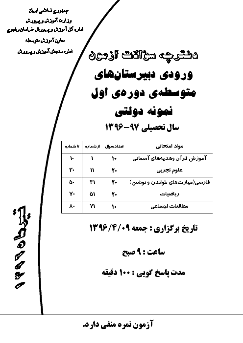 سوالات و پاسخ کلیدی آزمون ورودی پايه هفتم دبيرستان های نمونه دولتی سال تحصيلی 97-96 | استان خراسان رضوی