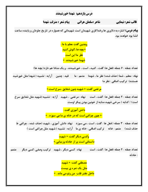درسنامه فارسی ششم | درس 11: شهدا خورشیدند