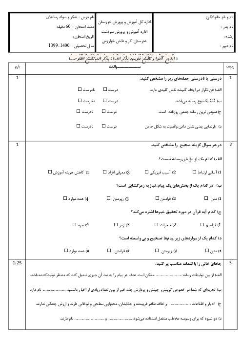 سوالات آزمون نوبت دوم تفکر و سواد رسانه‌ای یازدهم هنرستان فنی خوارزمی | خرداد 1400
