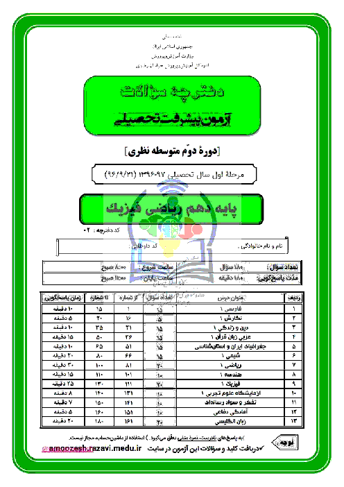 سوالات آزمون پیشرفت تحصیلی پایه دهم رشته ریاضی استان خراسان رضوی | مرحله اول (آذر 96) + پاسخ تشریحی