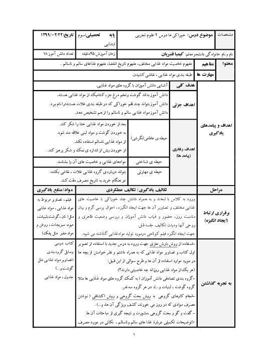 طرح درس روزانه علوم تجربی سوم دبستان | درس 2: خوراکی‌ها