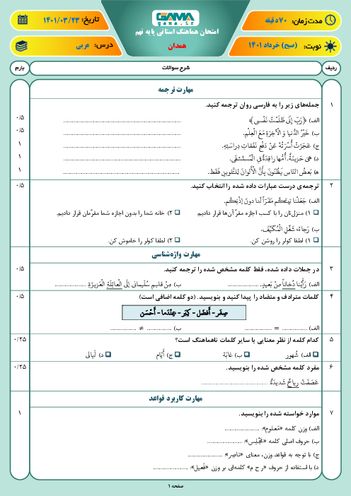 سوالات آزمون نوبت دوم عربی نهم هماهنگ استان همدان | خرداد 1401