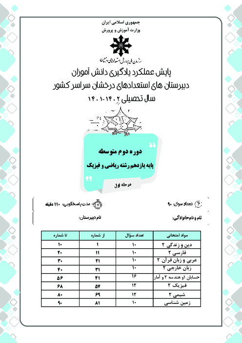 آزمون پایش عملکرد یادگیری دانش آموزان پایه یازدهم ریاضی مدارس سمپاد | بهمن 1401