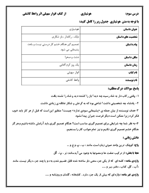 درسنامه فارسی ششم | درس 3: هوشیاری