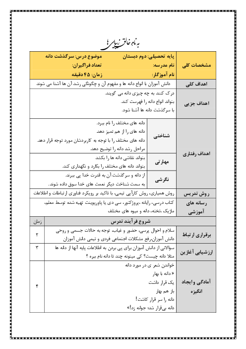 طرح درس روزانه علوم تجربی دوم دبستان | درس 9: سرگذشت دانه