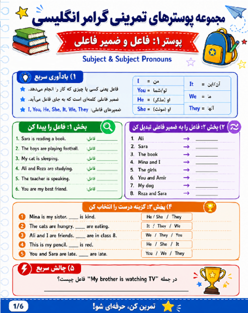 کاربرگ زبان انگلیسی نهم درس 1 | فاعل و ضمیر فاعلی