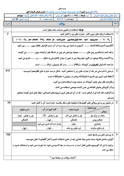 سوالات امتحان نهایی شیمی (3) دوازدهم مدارس خارج از کشور | خرداد 1400 (نوبت صبح)