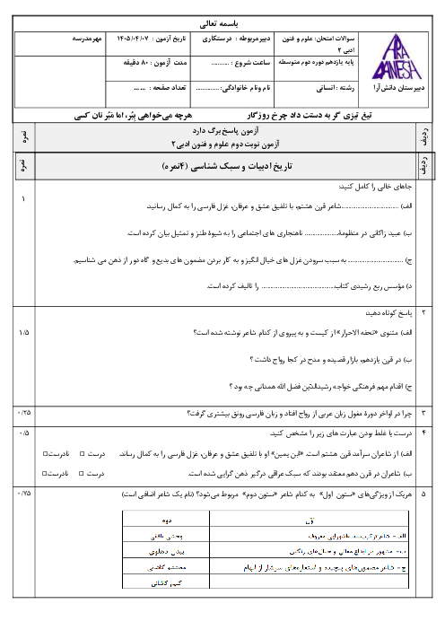 نمونه سوال علوم و فنون ادبی یازدهم نوبت تیر 1405 دبیرستان دانش آرا 