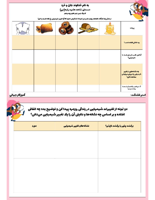کاربرگ تغییرات شیمیایی و فیزیکی و برگشت پذیری تغییرات