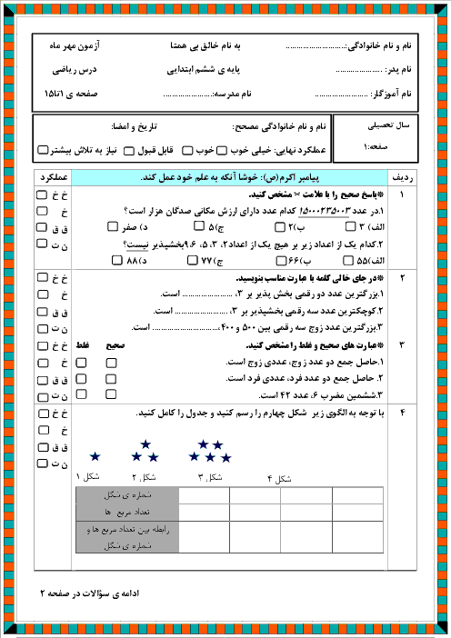 مجموعه آزمون های ماهانه دروس پایه ششم ابتدائی