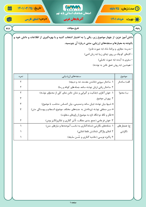 آزمون نوبت دوم نگارش نهم هماهنگ استان آذربایجان غربی | خرداد 1401