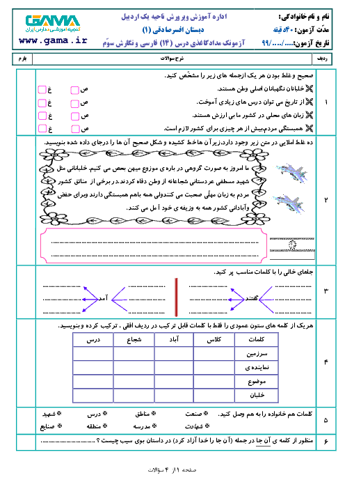 آزمونک فارسی و نگارش سوم دبستان افسر صادقی | درس 14: ایران آباد