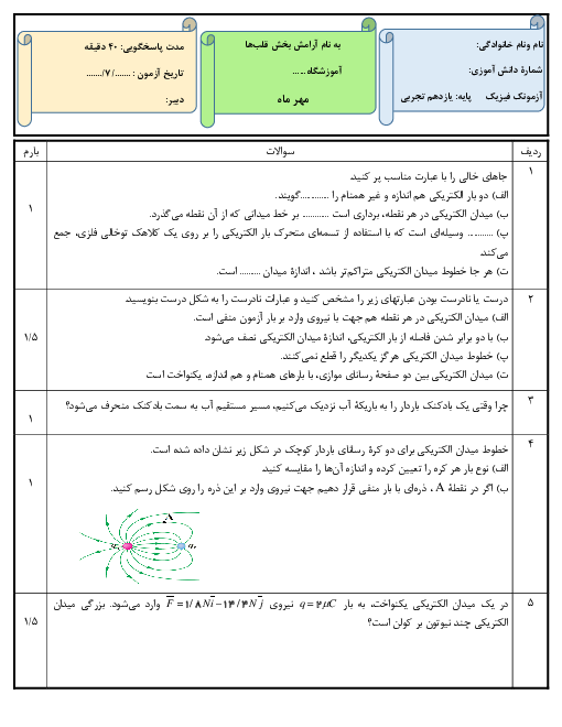 آزمونک فیزیک (2) یازدهم | میدان الکتیریکی و خطوط میدان