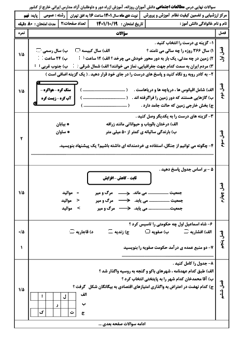 سوالات امتحان نهایی دی 1401 مدارس ایرانی خارج از کشور | درس مطالعات اجتماعی نهم (نوبت عصر)