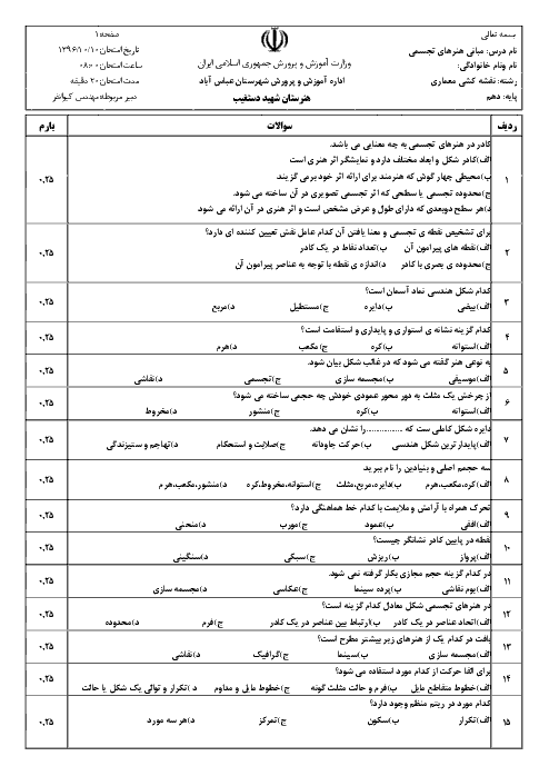 آزمون نوبت اول مبانی هنرهای تجسمی دهم هنرستان حرفه ای شهید دستغیب | دی 1398
