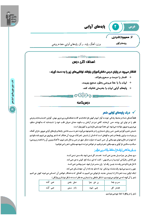 درسنامه آموزشی علوم و فنون ادبی (2) پایه یازدهم رشته انسانی | درس 2: پایه های آوایی