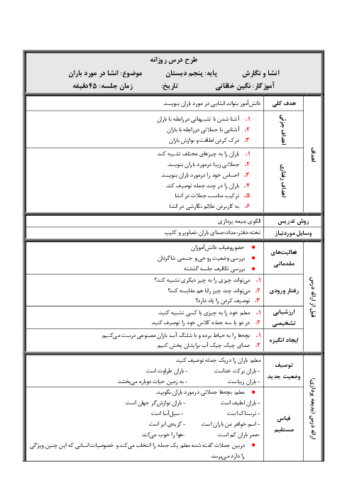 طرح درس روزانه نگارش و انشای پنجم دبستان | درس 1: تماشاخانه