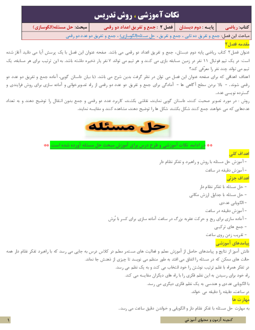 نکات آموزشی و روش تدریس ریاضی دوم دبستان | فصل 2: جمع و تفریق اعداد دو رقمی | مبحث حل مسئله (الگوسازی)