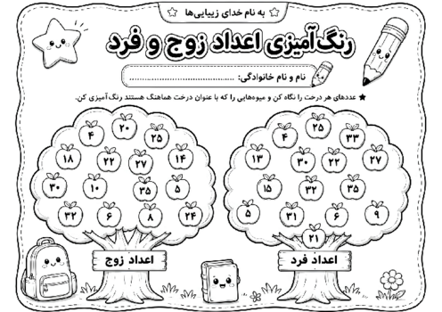 کاربرگ اعداد زوج و فرد ریاضی دوم ابتدایی