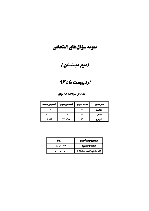 نمونه سوالات امتحانی همه دروس دوم ابتدائی (با پاسخنامه)- اردیبهشت ماه